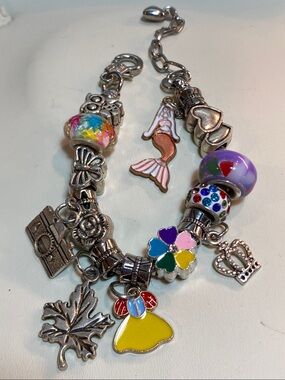 Charm Bracelet Silver Tone, Owl Crown Camera Maple Leaf Hearts | Adjustable 6–8”